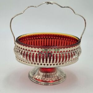 Red Cadmium Bowl  Queen Anne Pierced Silverplate Holder Glows
